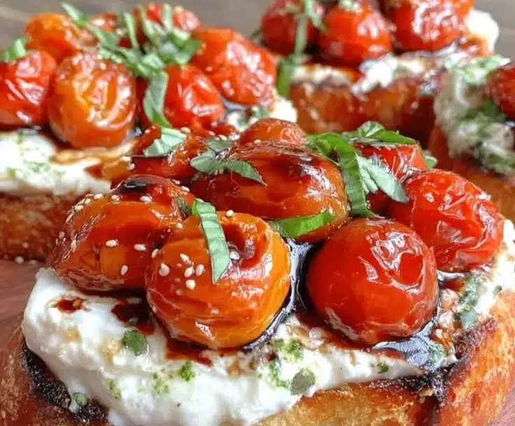 Burrata and Roasted Cherry Tomato Bruschetta 2 Burrata and roasted cherry tomato bruschetta garnished with fresh herbs
