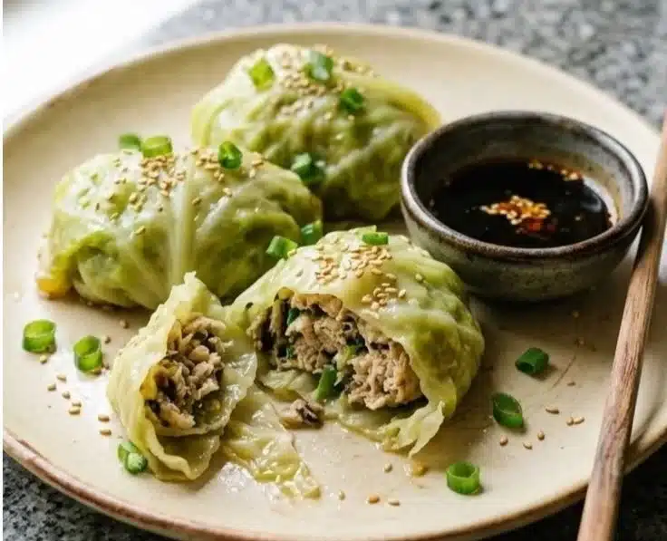 Cabbage Dumplings 3 Homemade cabbage dumplings served with sauce on a plate