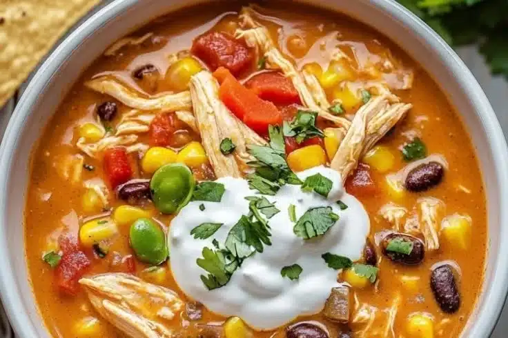 Bowl of delicious Chicken Enchilada Soup topped with cheese and cilantro.