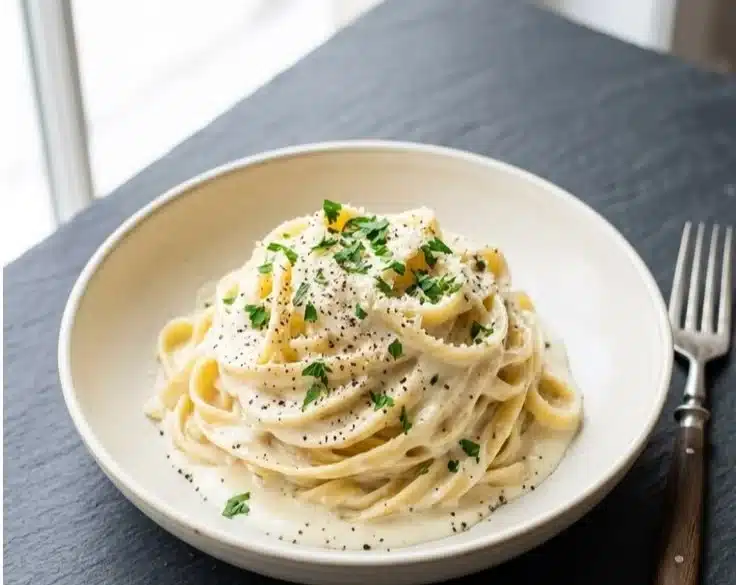 Cottage Cheese Alfredo Sauce served over pasta in a bowl.