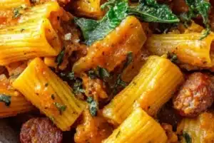 Delicious creamy pumpkin pasta topped with Italian sausage in a bowl.