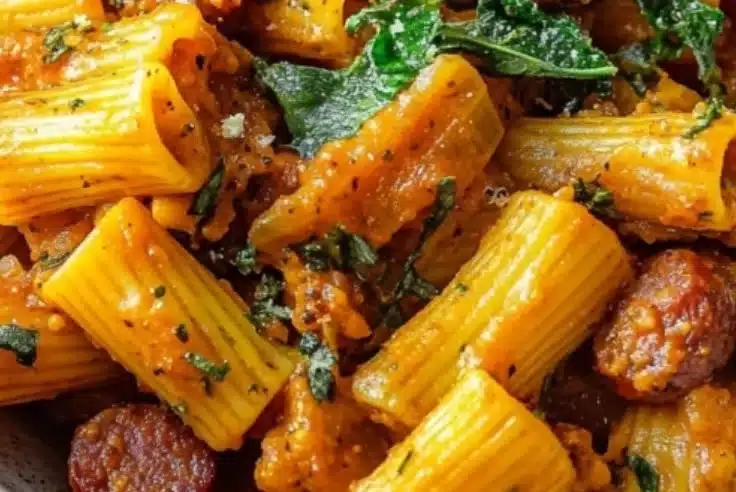 Creamy Pumpkin Pasta with Italian Sausage 2 Delicious creamy pumpkin pasta topped with Italian sausage in a bowl.