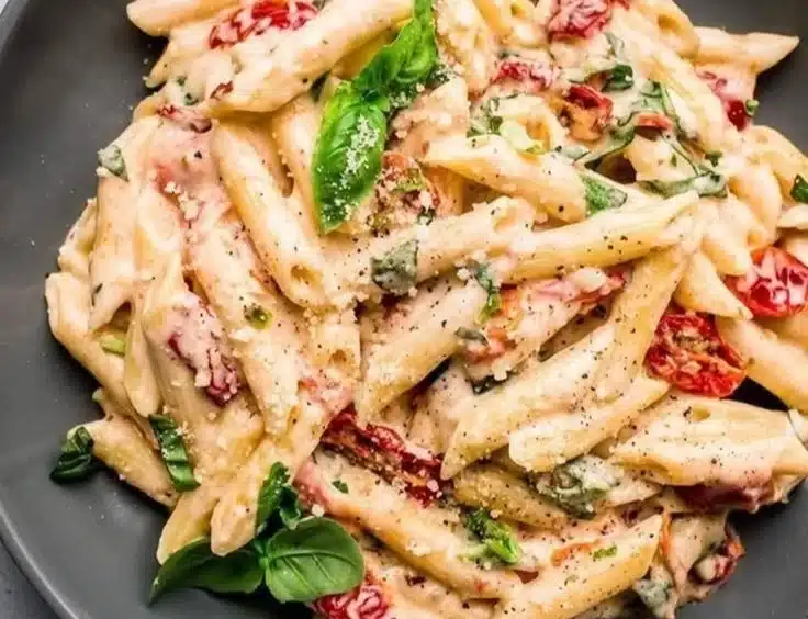 Creamy sun dried tomato pasta served in a bowl garnished with fresh herbs.