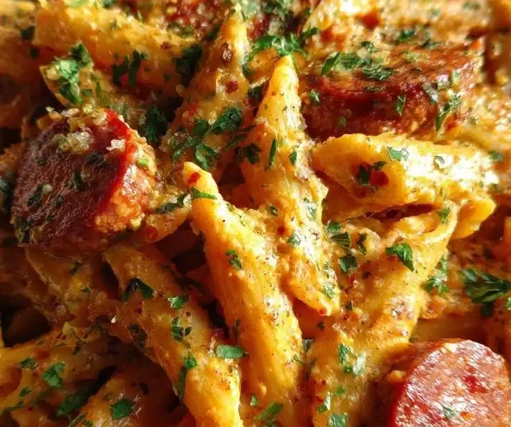 Creamy Sweet Chili Cajun Sausage And Cheddar Penne 2 Creamy sweet chili Cajun sausage and cheddar penne dish