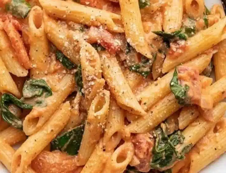 Creamy tomato spinach pasta bake topped with cheese and fresh herbs