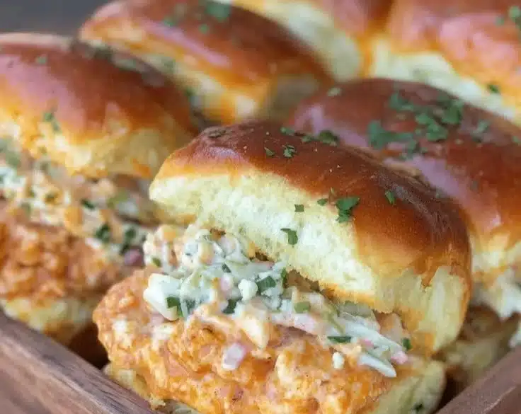 Crispy Baked Buffalo Chicken Sliders 2 Crispy baked buffalo chicken sliders served on a platter