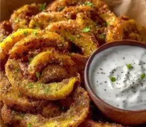 Crispy fried banana peppers served on a plate with dipping sauce