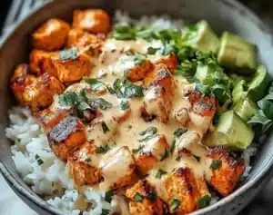 Delicious bowl of Easy Coconut Chicken Rice topped with fresh herbs