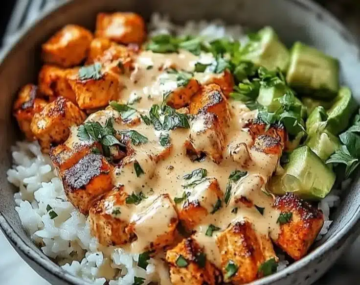 Easy Coconut Chicken Rice Bowl 2 Delicious bowl of Easy Coconut Chicken Rice topped with fresh herbs