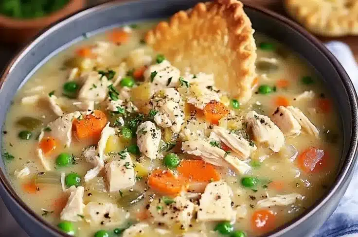 Easy Crock Pot Chicken Pot Pie Soup 2 Bowl of easy crock pot chicken pot pie soup garnished with herbs