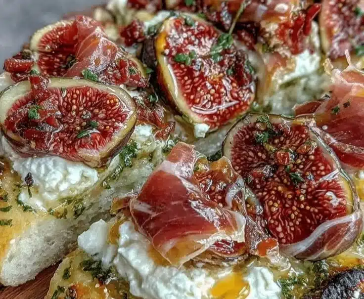 Fig and Prosciutto Flatbread 2 Fig and prosciutto flatbread garnished with arugula and balsamic drizzle.