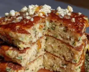Fluffy zucchini ricotta pancakes served with honey butter syrup and lemon zest