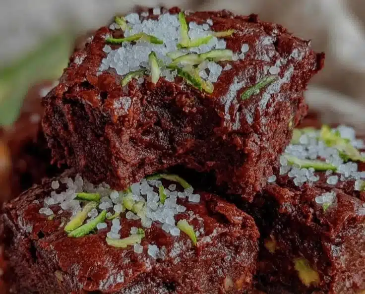 Fudgy Zucchini Brownies 3 Fudgy zucchini brownies arranged on a plate, showcasing their rich texture.