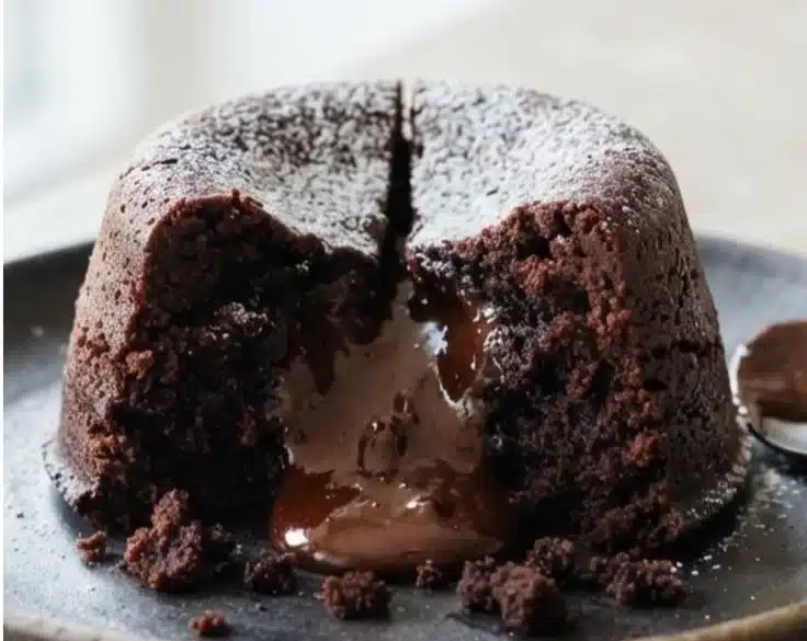 High protein chocolate brownie lava cake topped with chocolate and berries