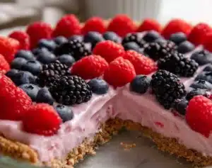 Homemade fruit pizza topped with colorful fresh fruits