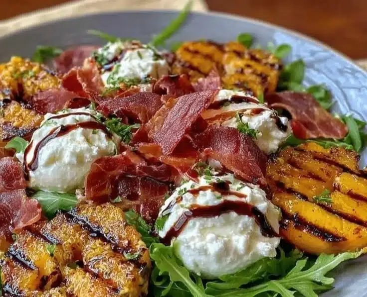 Honey balsamic grilled peach salad with greens and nuts