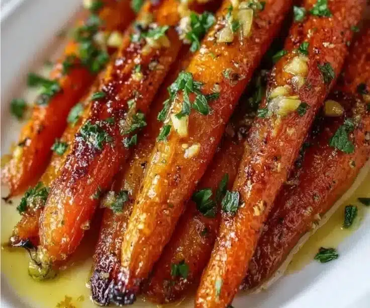 Honey garlic butter roasted carrots served on a plate