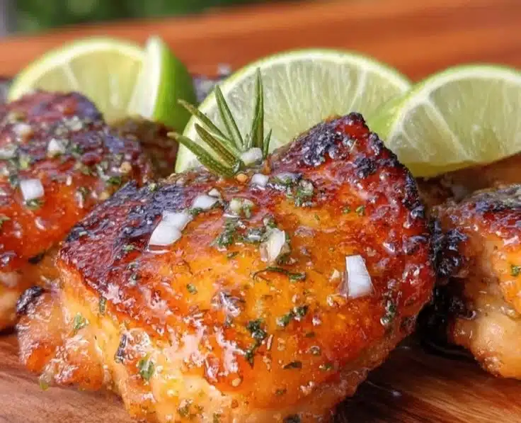 Honey garlic lime chicken thighs cooking in a skillet with fresh lime slices