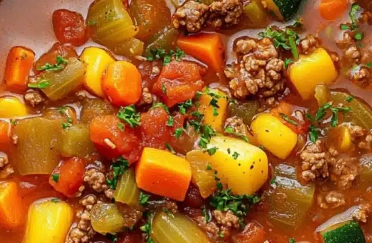 Instant Pot Ground Beef Vegetable Soup 2 Bowl of Instant Pot ground beef vegetable soup garnished with herbs