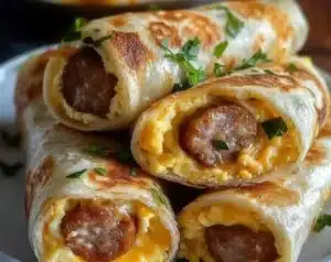 Irresistibly cheesy sausage egg breakfast roll-ups on a plate