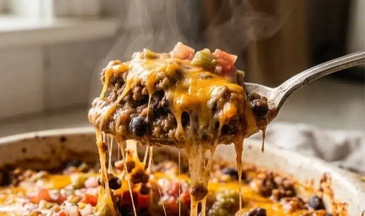Loaded beef burrito casserole topped with cheese and fresh ingredients
