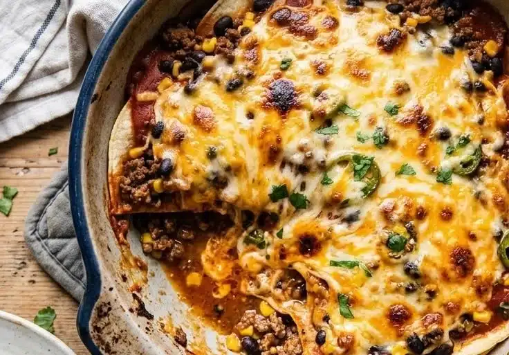 Delicious loaded beef burrito casserole served in a dish with toppings.