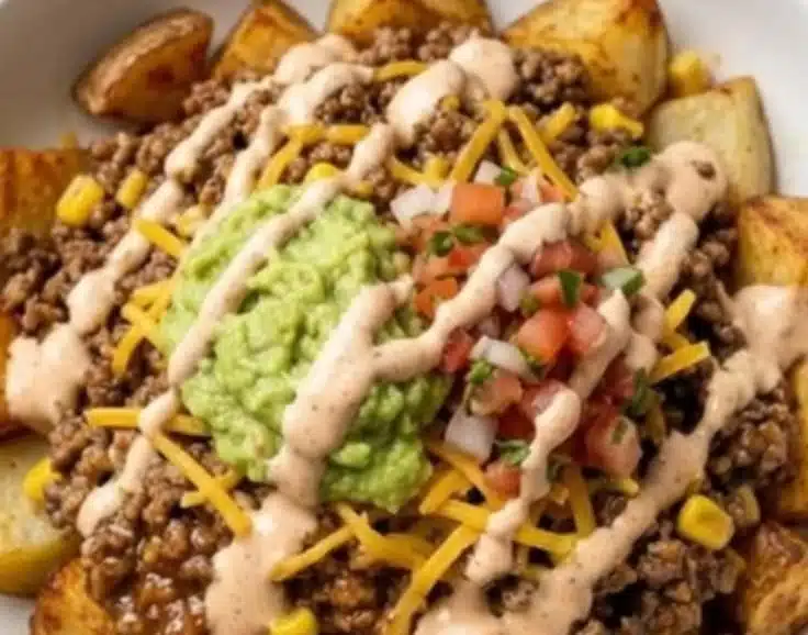 Loaded Potato Taco Bowl 2 Delicious loaded potato taco bowl topped with fresh ingredients
