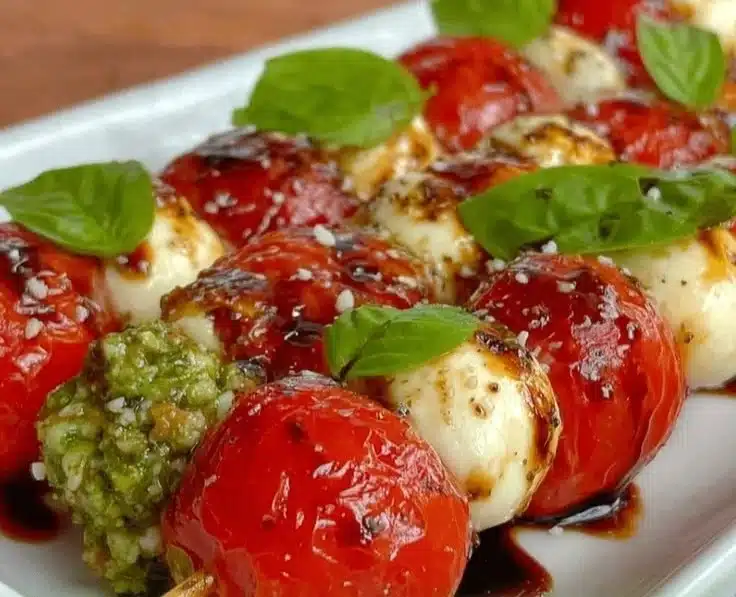 Mini Caprese Skewers with mozzarella, tomato, and basil
