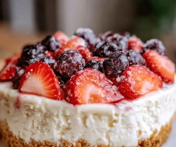 No-Bake Strawberry Blueberry Flag Cheesecake 2 No-Bake Strawberry Blueberry Flag Cheesecake decorated with berries.
