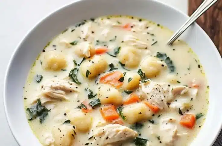 Olive Garden Chicken Gnocchi Soup 2 Bowl of Olive Garden Chicken Gnocchi Soup with chicken and gnocchi in creamy broth.
