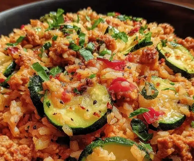 One-Pan Ground Turkey and Zucchini Rice Skillet with fresh vegetables
