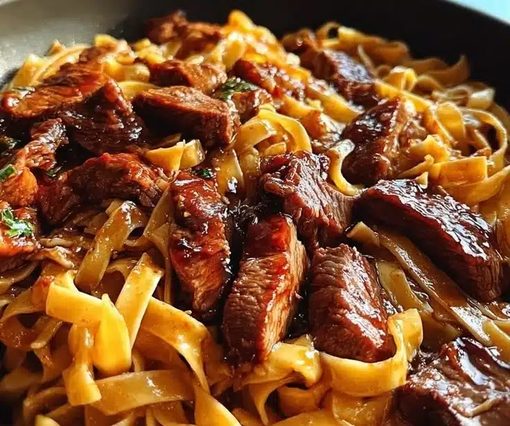 One-Pan Velvety Honey BBQ Steak Fettuccine served with fresh herbs.