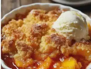 Delicious homemade Peach Cobbler fresh out of the oven with golden crust