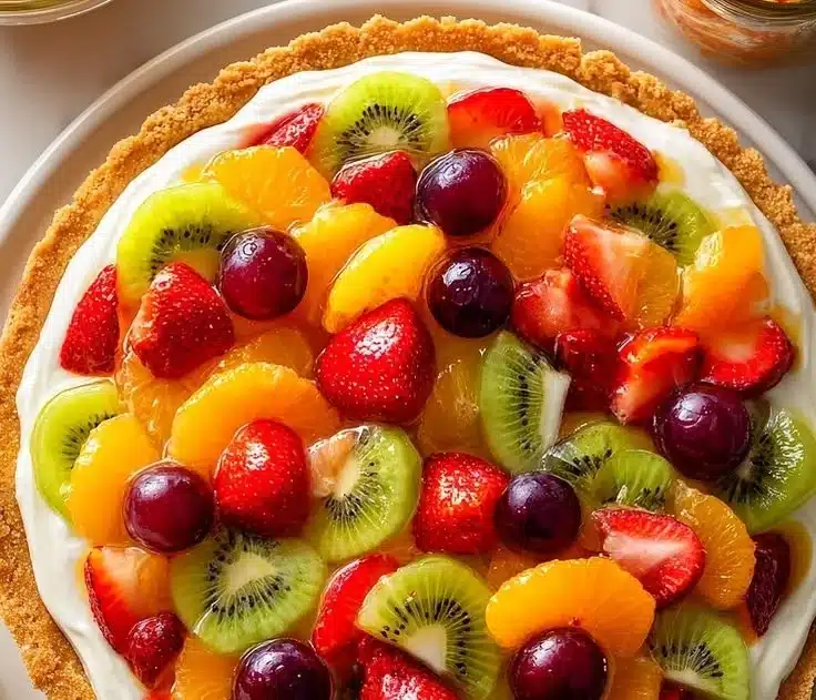 Grill Fresh Eats 5 Delicious fruit pizza topped with fresh fruits on a shortbread crust