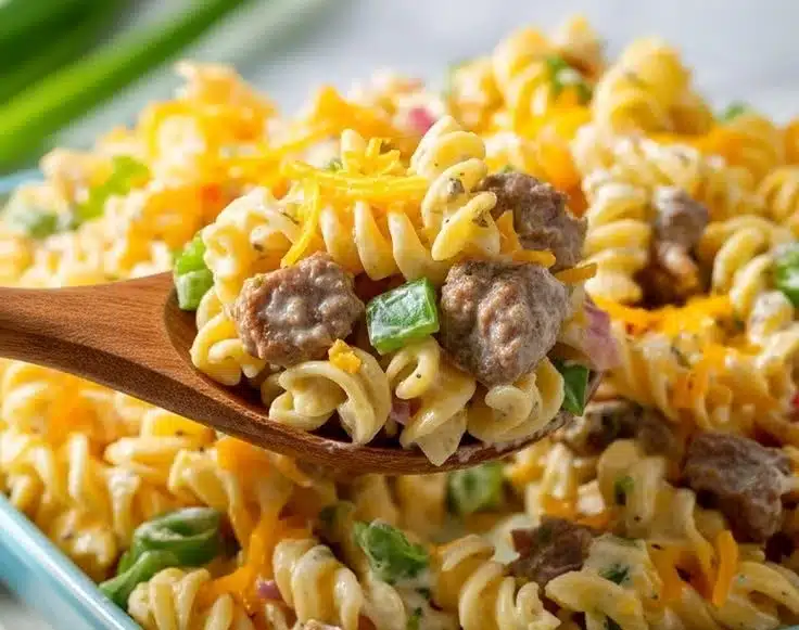 Philly Cheesesteak Pasta Salad with peppers and cheese in a bowl