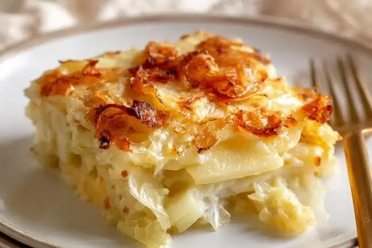 Delicious Polish Potato and Cabbage Casserole served in a dish