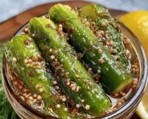 Homemade refrigerator dill pickles in a jar with fresh herbs and spices