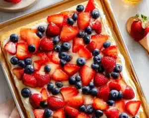 Delicious sheet pan fruit pizza topped with colorful fresh fruits