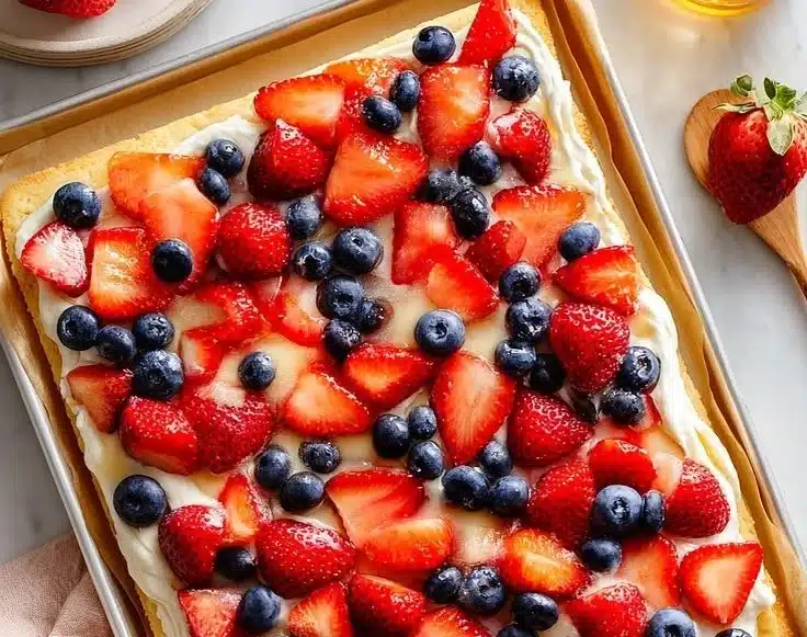 Simple Sheet Pan Fruit Pizza 2 Delicious sheet pan fruit pizza topped with colorful fresh fruits