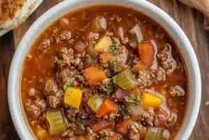 Bowl of Slow Cooker Hamburger Soup featuring ground beef and vegetables.