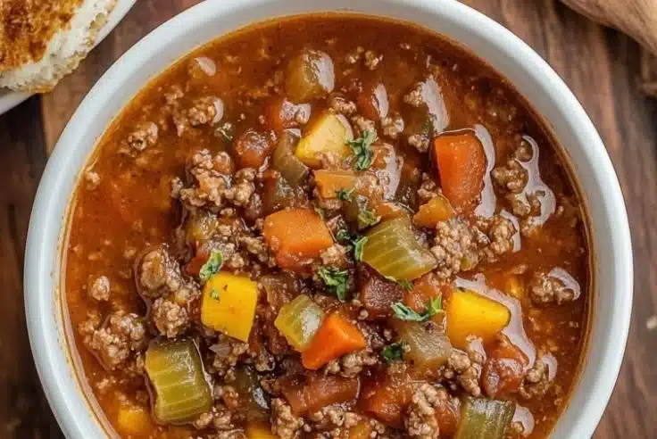 Slow Cooker Hamburger Soup 2 Bowl of Slow Cooker Hamburger Soup featuring ground beef and vegetables.