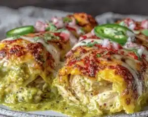 Delicious slow-roasted chicken enchiladas topped with cheese and salsa