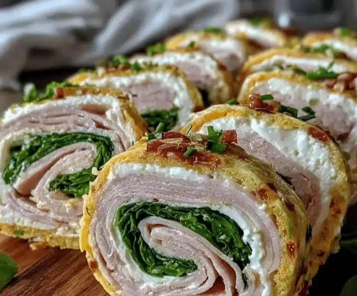 Turkey and Cream Cheese Pinwheel Roll-Ups 3 Turkey and Cream Cheese Pinwheel Roll-Ups ready to serve as appetizers.