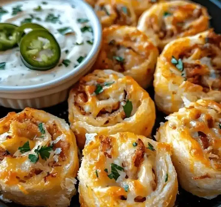 Baked Crack Chicken Pinwheels Everyone Will Love 2 Baked Crack Chicken Pinwheels served on a platter with fresh herbs