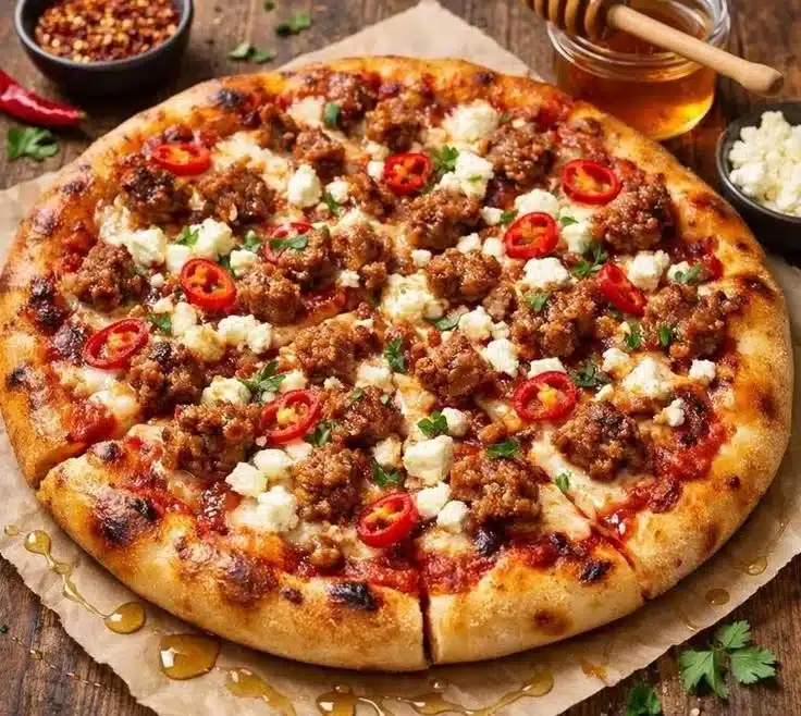 Delicious hot sausage feta pizza drizzled with honey on a wooden table