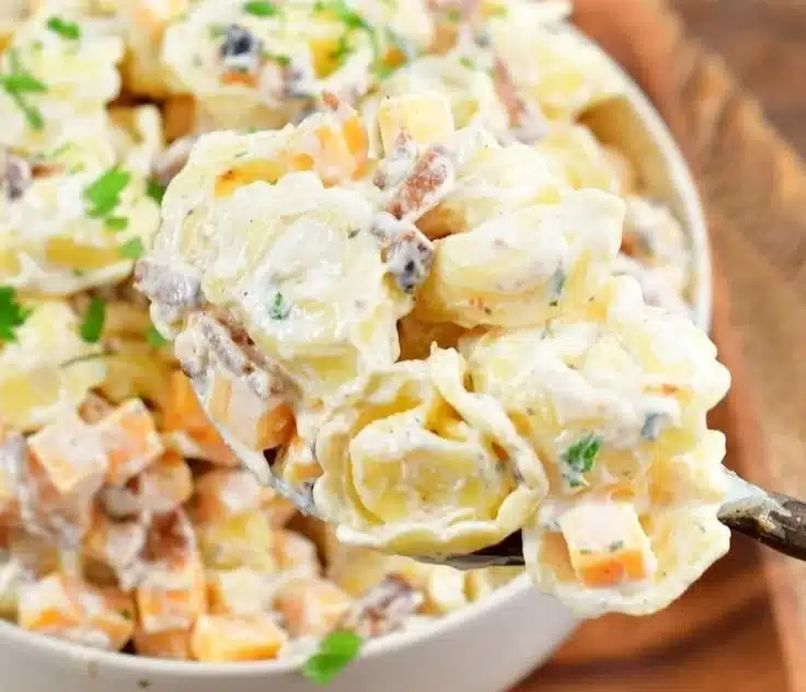Cheddar Bacon Ranch Tortellini Salad 2 Cheddar Bacon Ranch Tortellini Salad garnished with fresh greens and herbs
