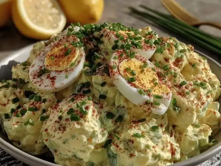 Classic creamy egg salad served in a dish with fresh herbs