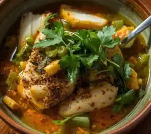 Bowl of creamy coconut fish soup garnished with herbs