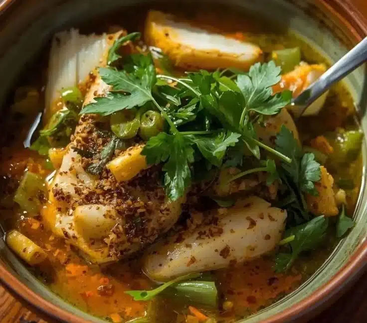 Bowl of creamy coconut fish soup garnished with herbs