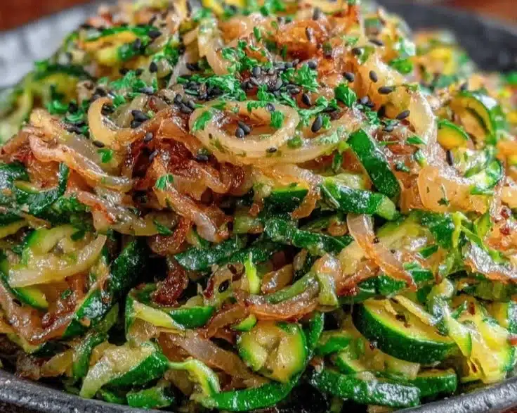 Crispy zucchini onion stir fry served in a bowl, showcasing vibrant colors and textures.